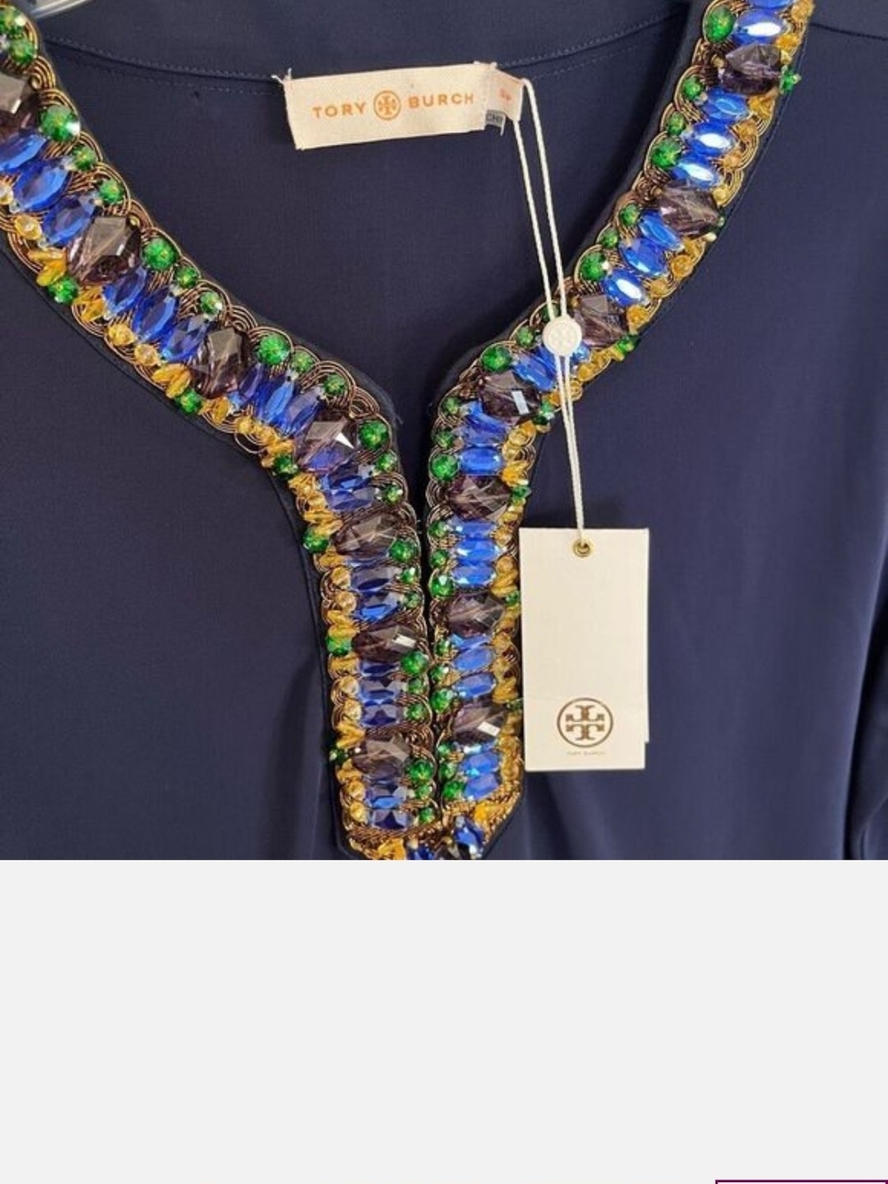 SOLD-NWT size XS Tory Burch Navy Midi Dress with Blue, Green